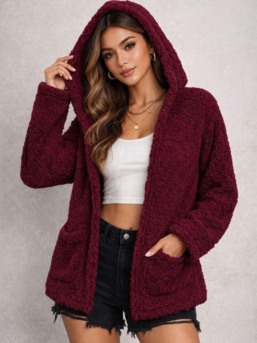 Women's Teddy Animal Print Hooded Jacket – Leopard Style With Fur Pockets - Everyday Wear - 酒紅色 - 查看 1