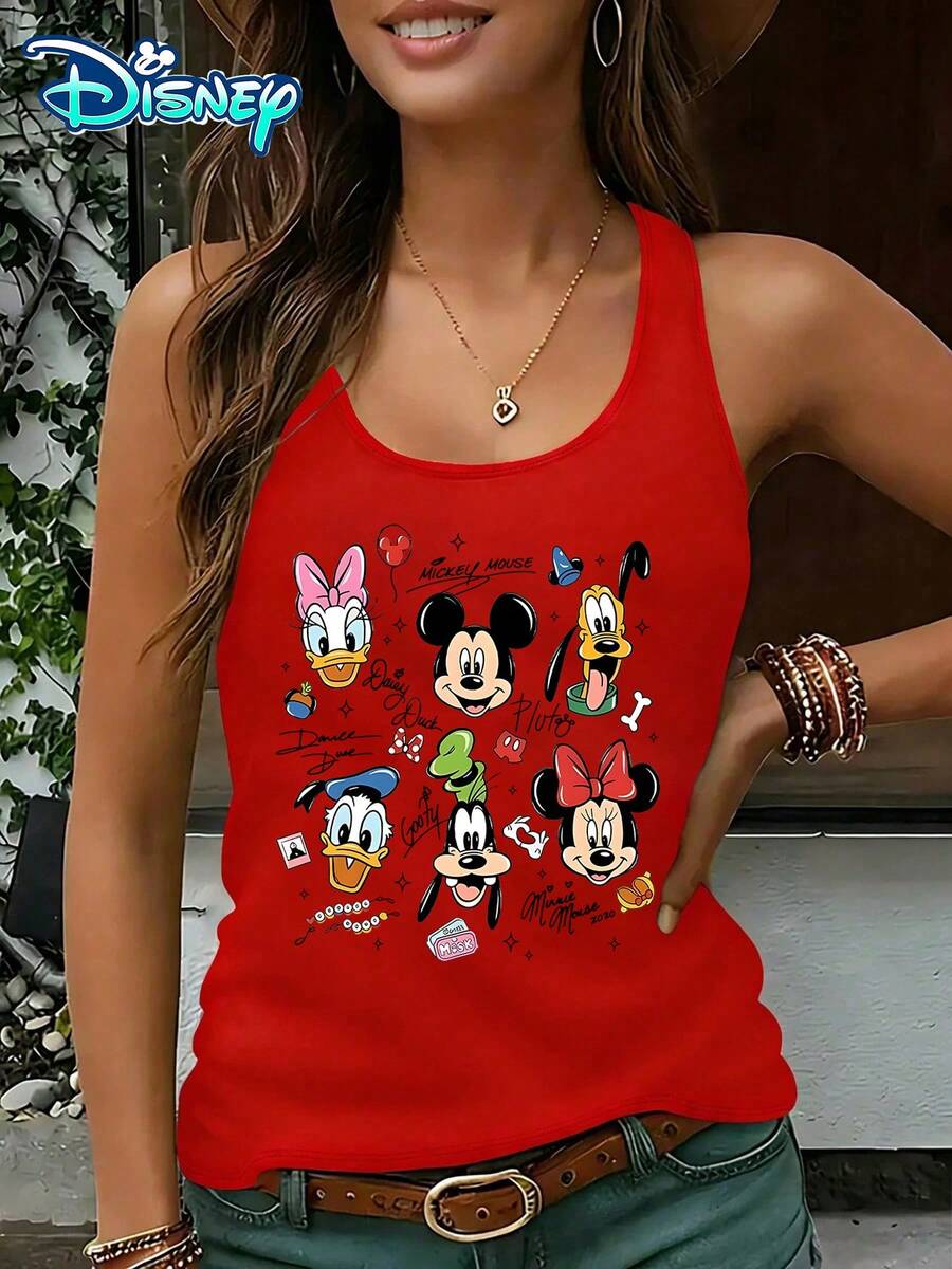 Disney Official Authorization | Women's Casual Round Neck Sleeveless Vest. With Disney Character Group Portrait As The Theme, It Matches With Character And Interesting Graffiti Print, Which Is Playful And Full Of Vitality. It Is An Age Reducing Item For Daily Wear And An Ideal Choice For Showcasing Personal Style. - Đỏ - Xem 1