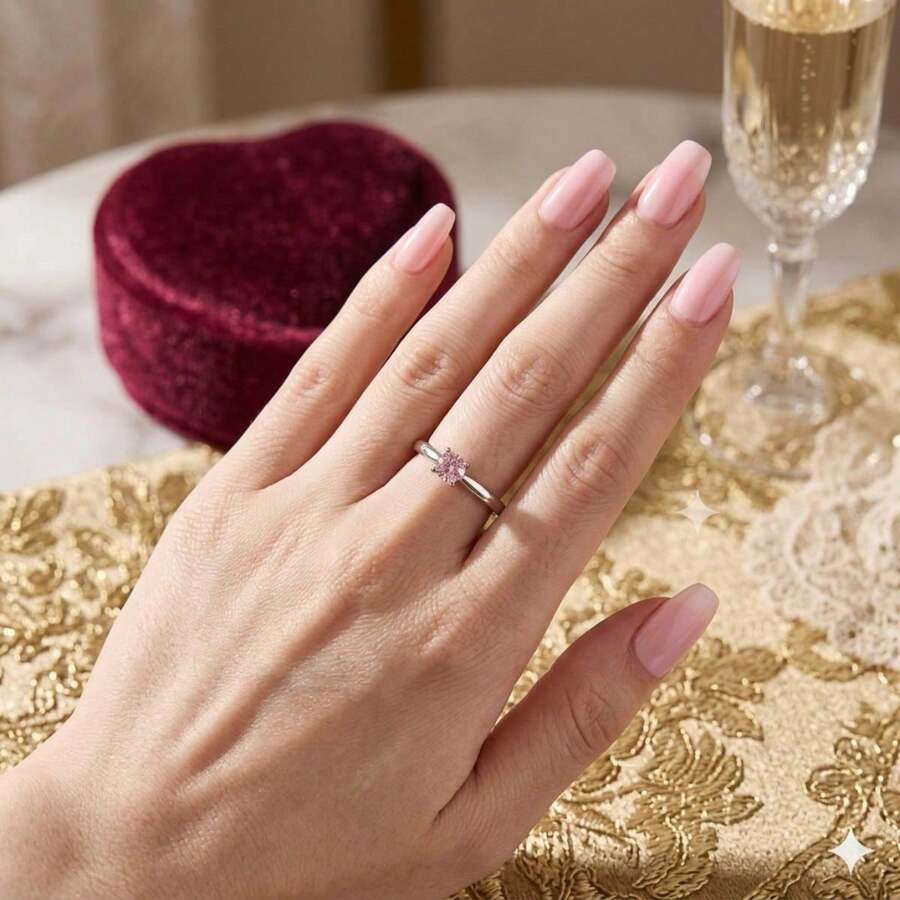 Stainless Steel Silver Solitaire Ring, Delicate, Colored Zirconia Stone, 3mm, Graduation, Debutante - Rosa - View 1