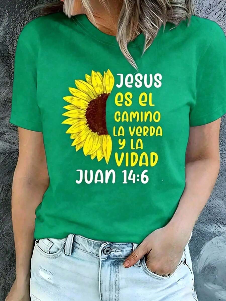 Women's Casual Holiday Shirt, Plus Size Black T-Shirt With Bible Verse "John 14:6" And Sunflower, Christian Faith T-Shirt "Jesus Is The Way", Blouse For Spiritual Phrases And Worship, Ideal Gift For Sunday Service, Suitable For Daily Wear On The Street And Outings. - 綠色 - 查看 1