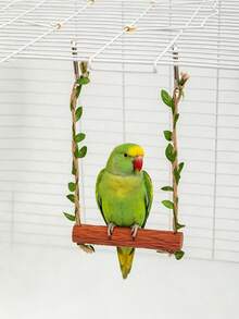 1pc Faux Solid Wood Parrot Swing Toy, Durable With Artificial Green Leaves And Hemp Rope Hanging Perch, Cage Accessory For Cockatiel / Budgie / Lovebird And Other Small To Medium Parrots - View 1