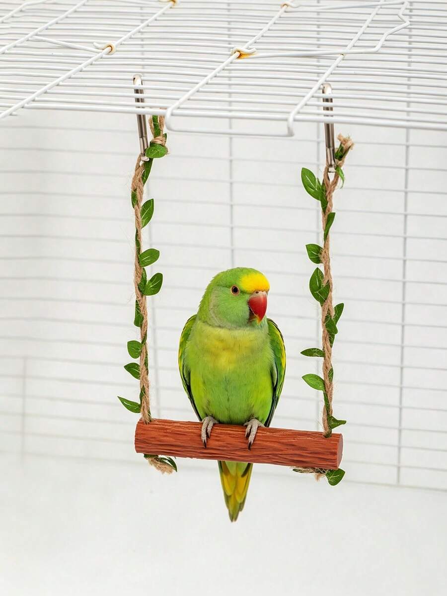 1pc Faux Solid Wood Parrot Swing Toy, Durable With Artificial Green Leaves And Hemp Rope Hanging Perch, Cage Accessory For Cockatiel / Budgie / Lovebird And Other Small To Medium Parrots - View 1