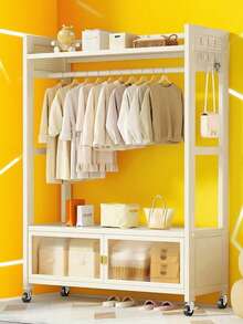 Super life Perchero de ropa con una rueda para colgar ropa, perchero de doble barra con almacenamiento de malla densa, marco de acero, blanco, perchero de verano, esencial para regreso a clases/viajes, decoración de habitación, decoración del hogar, decoración de dormitorio. - Multicolor - Ver 2