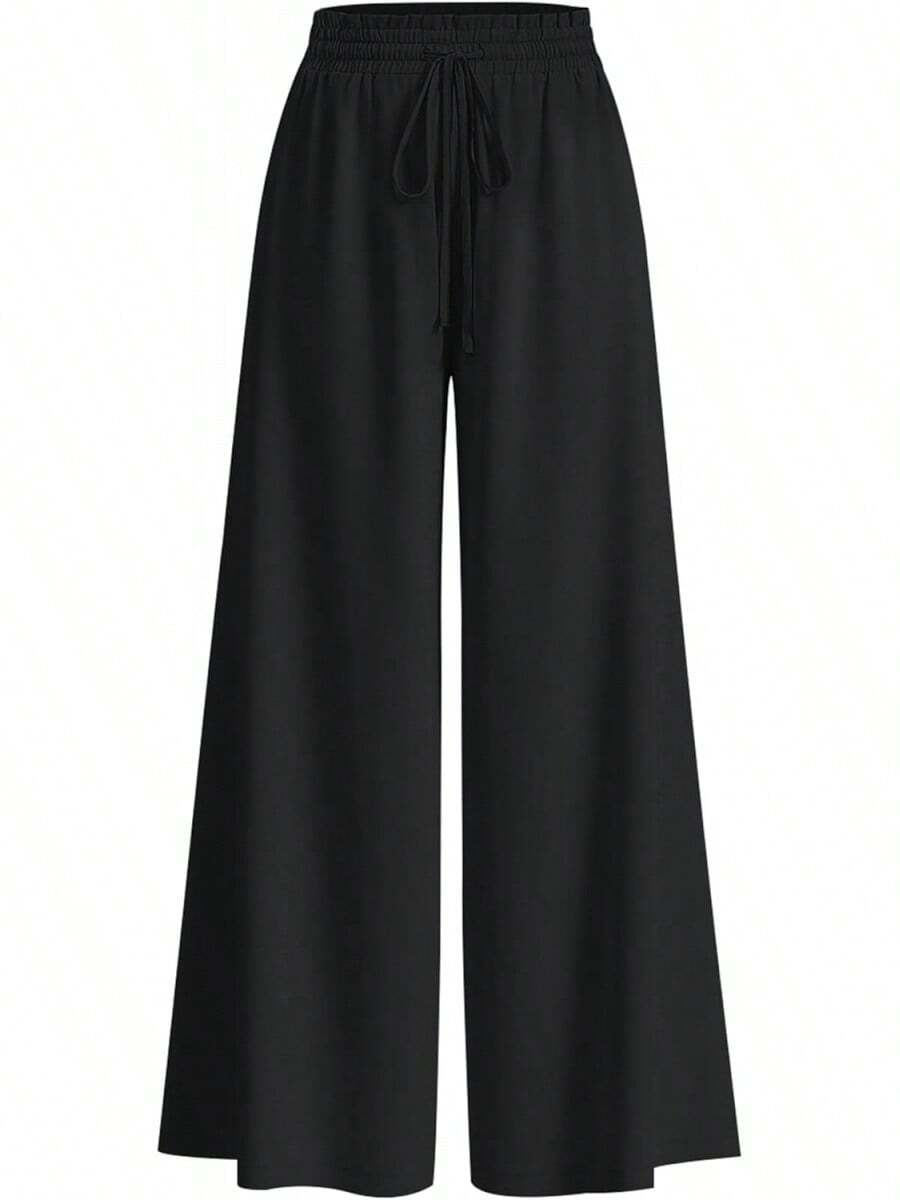 [Free Shipping]Women Wide Leg Pants Casual High Waist Floral Palazzo Pants For Women Flowy Lounge Boho Beach Trousers Pockets Women's Wide Leg - 黑色 - 查看 1