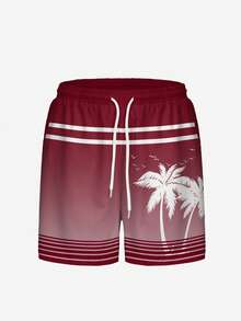 Gradient Color Coconut Tree Men Beach Shorts Breathable Side Pockets Swim Trunks - Red - View 3