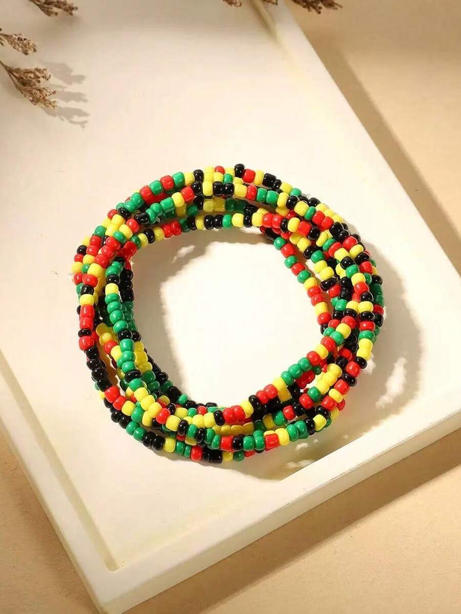 7pcs Black History Month Bohemian Black Red Yellow Green Mixed Color Seed Bead Elastic Bracelets, Random Bead Color Sequence - Multicolor - View 1