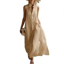 2026 New Stand Collar Frog Button Loose Linen Cotton Dress For Women - Dark Blue - View 6