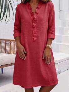 2026 Summer New Loose Comfortable Casual V-Neck Ruffle Solid Color Women's Dress - Apricot - View 9