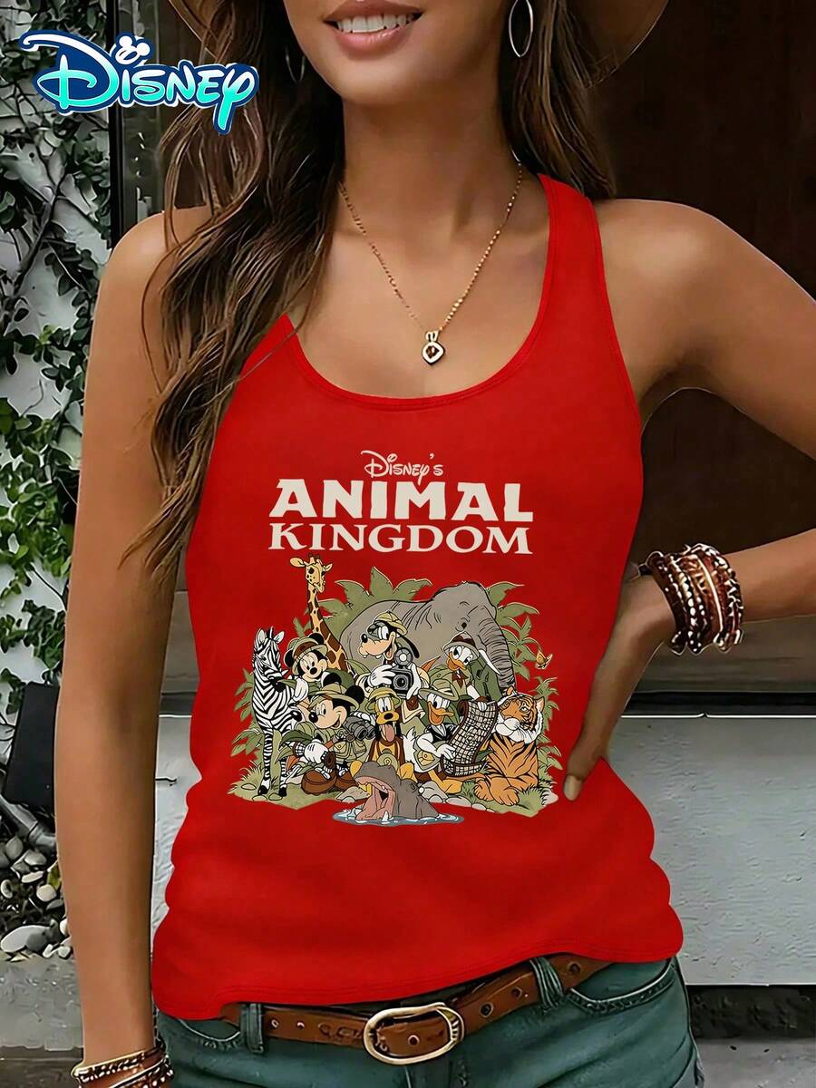Disney Official Authorization | Women's Casual Round Neck Sleeveless Vest. Based On The Theme Of Disney Animal Kingdom, Paired With The Safari Designs Of Characters Such As Mickey And Minnie, It Is Full Of Wildness And Vitality. It Is An Atmospheric Item For Theme Park Travel And An Ideal Choice For Creating An Adventurous Style. - 紅色 - 查看 1