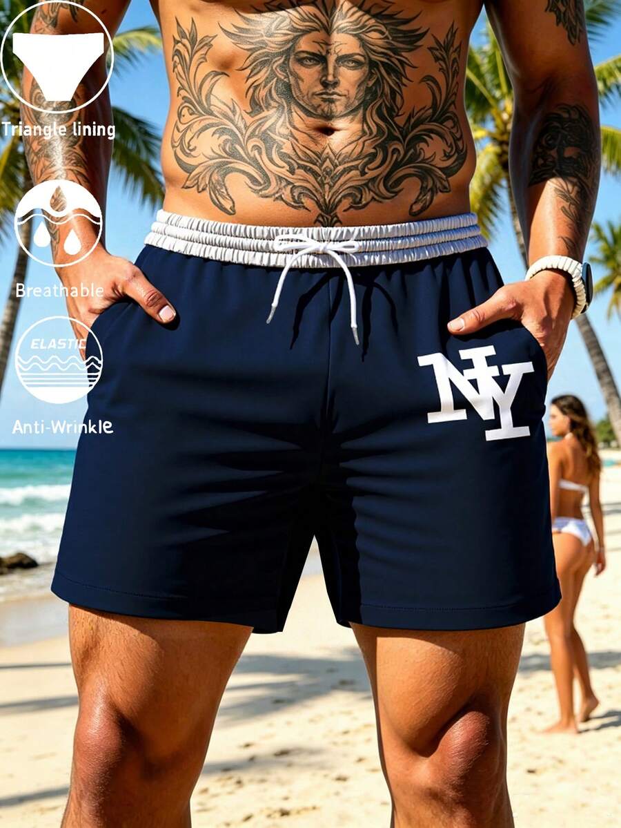 Classic NY Logo Swim Trunks, Quick-Dry Elastic Waist Beachwear With Side Pockets