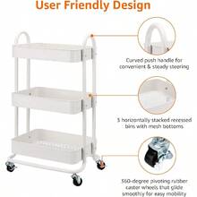 3-Tier Rolling Kitchen Cart White Rolling Utility Cart With Wheels Storage Organizer For Home Office - White - View 4