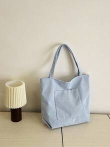 Solid Color Men's Casual Tote Bag, Striped Large Capacity Canvas Shoulder Bag,Y2k - Dusty Blue - View 2