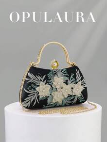 OpulAura 1 túi đeo vai họa tiết hoa thêu đen cổ điển, túi xách sườn xám cổ điển, túi cầm tay phong cách tiên nữ, túi tiệc, túi phù dâu, túi cô dâu, túi vuông, túi váy dạ hội, túi cầm tay ngọc trai, túi đính sequin hạt cườm, túi váy trang trọng, túi đeo vai dây xích - màu đen - Xem 2