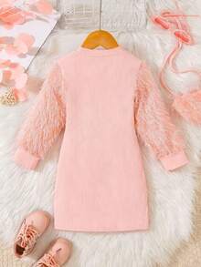 Young Girls Pink Tassel Sleeve Dress, New Arrival, Sweet Princess Dress For Toddlers, Ribbed Elastic Fitted , Heart Plush Accessory, European & American Style Kids Clothing, Long Sleeve A-Line Dress, Children Party Dress, Soft & Skin-Friendly - Pink - View 3