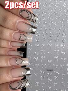 2pcs/Set 5D Metallic Silvery Heart&Ribbon Bow Nail Art Stickers Chic Silvery Hollow Heart Bowknot Nail Decal Self-Adhesive Manicure Silvery Heart Slider - Silver - View 2