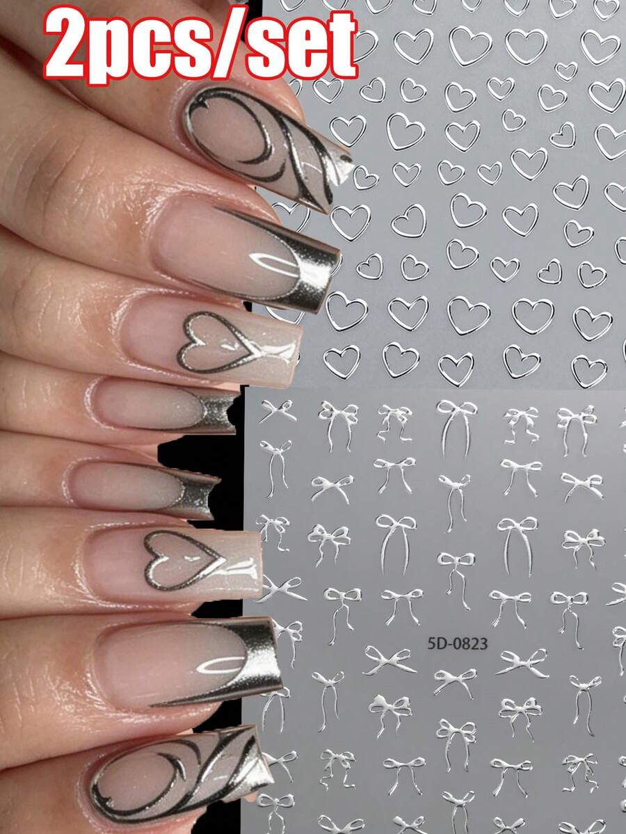2pcs/Set 5D Metallic Silvery Heart&Ribbon Bow Nail Art Stickers Chic Silvery Hollow Heart Bowknot Nail Decal Self-Adhesive Manicure Silvery Heart Slider