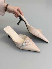 Sandalias de tacón alto de satén estilo francés para primavera/verano 2026, con puntera puntiaguda y decoración de rhinestones, color rosa - Rosa - Ver 6
