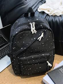 1 Large Capacity Nylon Schoolbag For Students, Simple Solid Color Backpack For College Students, Ladies Nylon Backpack, Girl Travel Backpack - Black - View 6