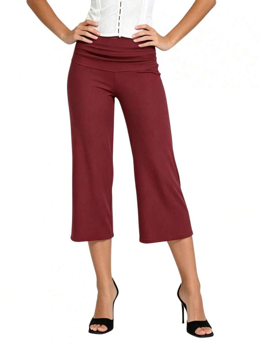 Womens Wide Leg Capris Casual Fold Over Waist Stylish Solid Color Mid Rise Cropped Pants - Burgundy - View 1