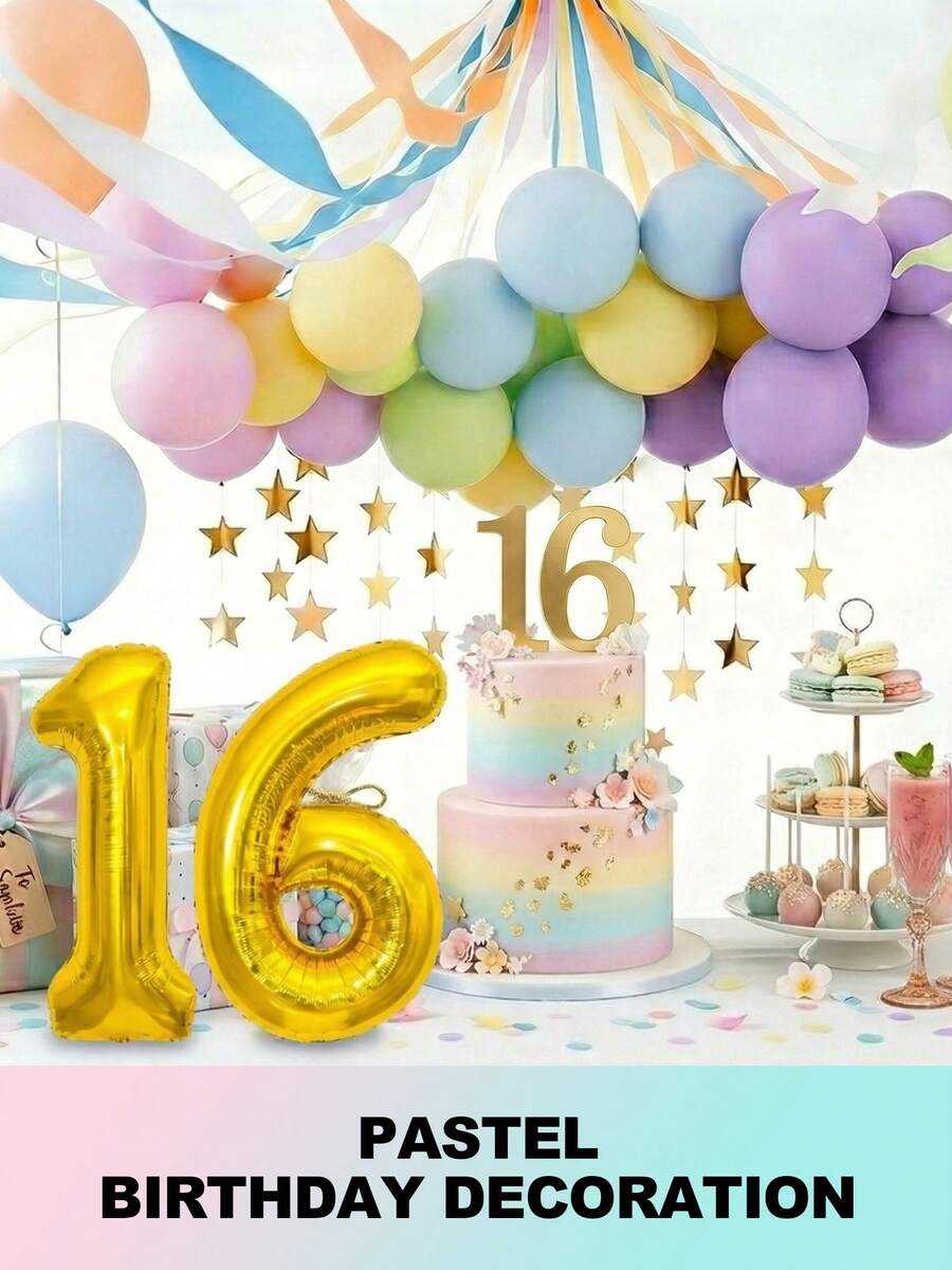 Pastel Balloons Latex Party Balloons With Pastel Streamers, Star Garland And Gold Number Balloon, Birthday Decorations For Women Girl, Multicolor Macaron Balloons For Birthday Rainbow Party Baby Shower Wedding Decorations - Sinh nhật thứ 16 - Xem 1