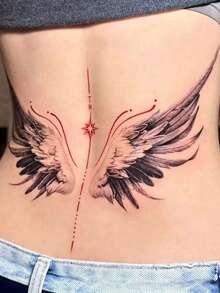 1pc Black And White Gradient Angel Wings Line Star Pattern Tattoo Sticker, Temporary Tattoo Sticker, Simulated Tattoo Design, Suitable For Travel, Music Festival, Games, Graduation Gifts, Lasts For 3-5 Days - 彩色 - 查看 3