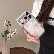 Funda de teléfono de moda creativa con purpurina, estrella y patchwork de lirio rosa compatible con Apple 17 Pro Max, 16 Pro Max, 15 Pro, 14, 13, funda de teléfono linda para niñas, cubierta protectora para niños y niñas, funda de teléfono de primavera/verano, regalo de cumpleaños, regalo de vacaciones - Rosa Pálido - Ver 2