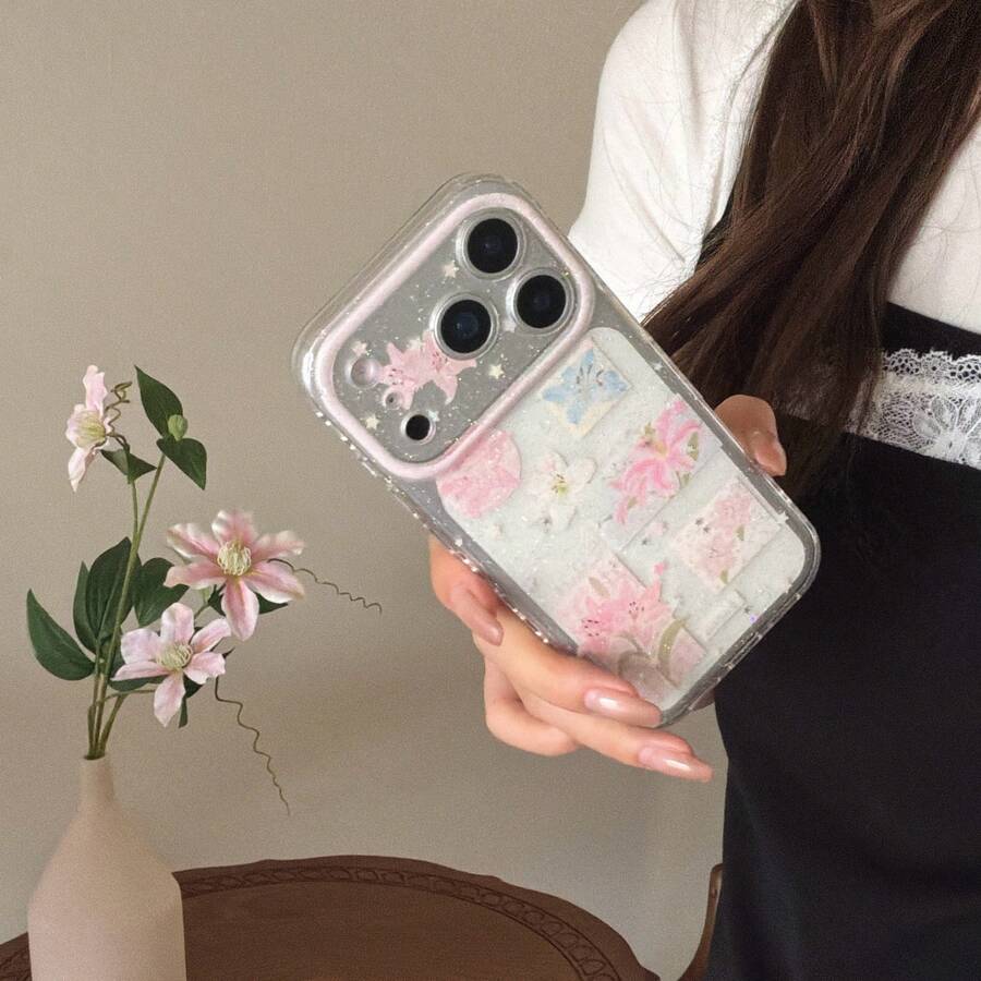 Funda de teléfono de moda creativa con purpurina, estrella y patchwork de lirio rosa compatible con Apple 17 Pro Max, 16 Pro Max, 15 Pro, 14, 13, funda de teléfono linda para niñas, cubierta protectora para niños y niñas, funda de teléfono de primavera/verano, regalo de cumpleaños, regalo de vacaciones
