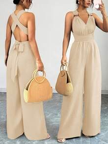Plus Women's Halter Neck Wide Leg Jumpsuit, V-Neck Backless Crisscross Tie Waist Romper, Sleeveless Loose Fit, Lightweight Spring & Summer Outfit For Home, Outdoor & Casual Wear, All Ages,Tropical Vacation Outfits,4th Of July Outfit Women,Tropical Outfits For Women,Tropical Vacation Outfits,Women's Plus-Size Jumpsuit,Summer Clothes - 杏色 - 查看 2