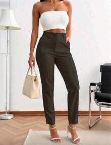 Women's Tailored Trousers, Social Casual, High-Waisted, Elegant And Comfortable, With Pockets And Covered Button. - 黑色 - 查看 4