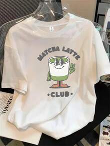 Top de mujer de manga corta y cuello redondo con estampado de pegatinas color café, apto para todas las estaciones. - Blanco - Ver 1