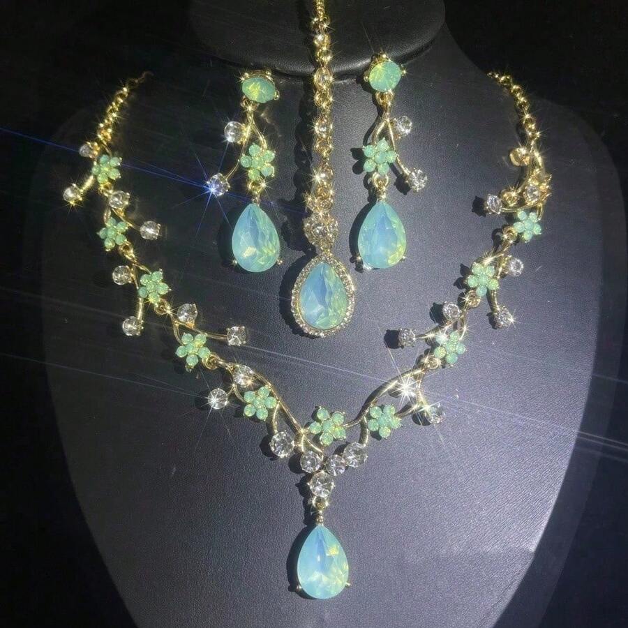 1 Juego de Joyería para Mujer, Pendientes, Collar y Cadena para la Frente Incrustados con Pedrería de Lujo y Elegantes, Juego de 4 Piezas, Adecuado para Novia, Boda, Banquete, Fiesta - conjunto de joyas - Ver 1