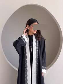 Hafizah Modest Long Dress Black Lace Trim Spliced Premium Coat Black & White Spliced Women's Clothing - Black - View 3