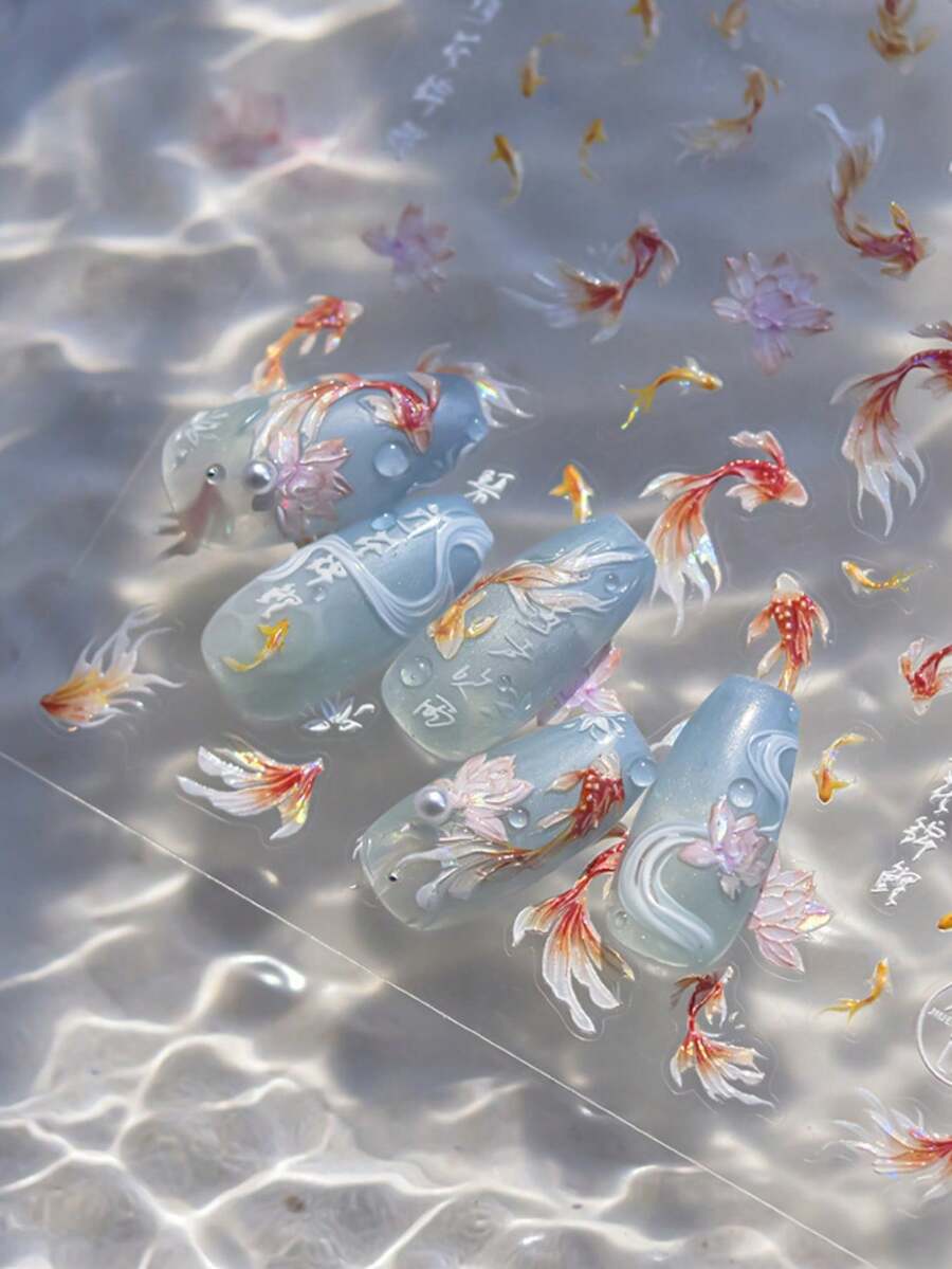 5D 3D锦鲤美甲贴纸,可爱贝壳、莲花、鱼图案,日式美甲设计贴纸,自粘花卉美甲贴花,夏季美甲装饰 - 彩色 - 查看 1