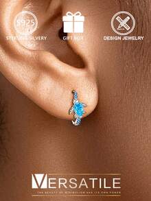 925 Sterling Silver Ocean Style Aquamarine Color Zirconia Turtle Hoop Earrings, Fresh Daily Versatile Holiday Gift - Silver - View 4