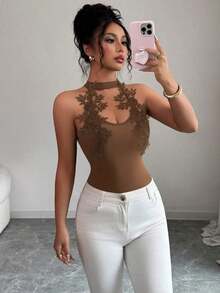 Top halter y ajustado en color sólido para mujer - Marrón oscuro - Ver 1