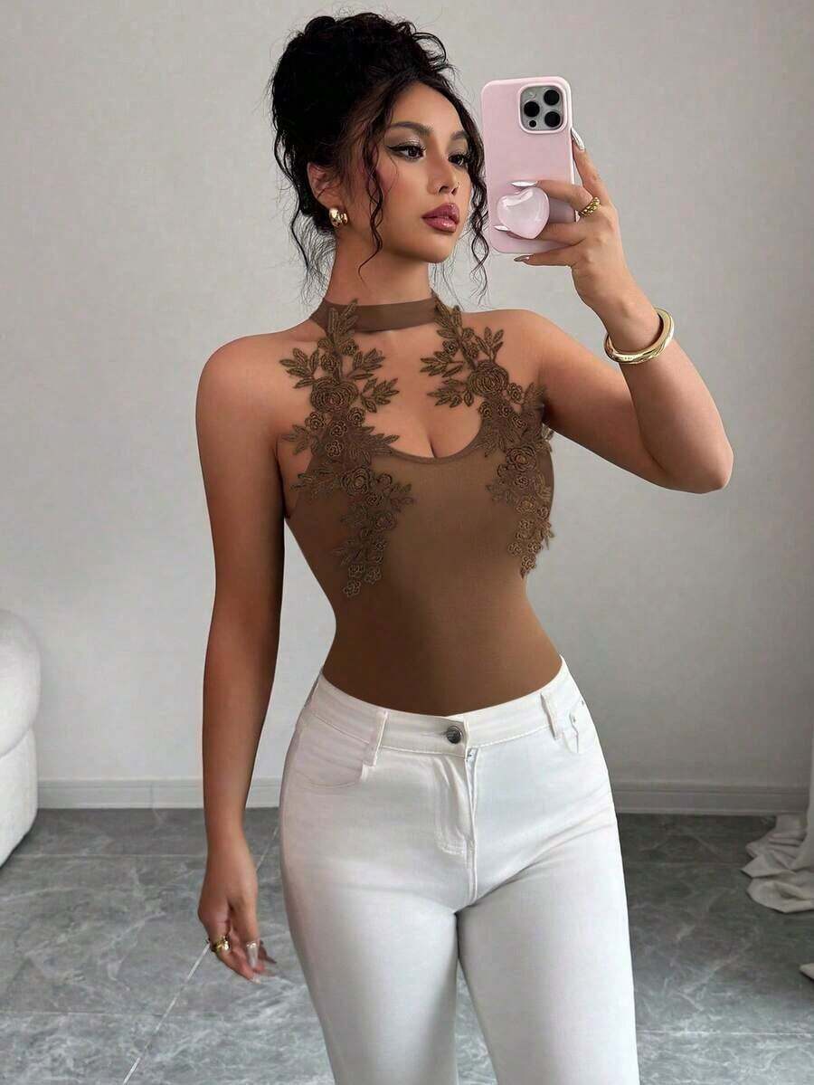 Top halter y ajustado en color sólido para mujer - Marrón oscuro - Ver 1