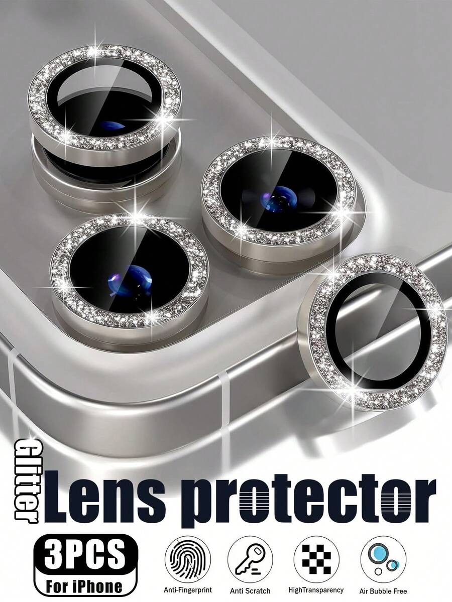 3pcs - Camera Lens Protector For IPhone 17 Pro/17 Pro Max, Grey Glitter Camera Lens Protector, Compatible With IPhone Phone Case, Glitter Surface, 9H Tempered Glass Camera Lens Cover Screen Protector, With Metal Ring Decorative Accessory - Light Grey - View 1
