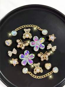 16/14pcs Silver Base Pink Rhinestone Chain Shoe Charms, Bow Heart Four-Point Star Flower Detachable DIY Accessories, Fit Perforated Sandals And Slippers, Holiday Gift - Multicolor - View 7