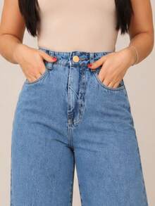 Women's Wide Leg Jeans, Straight Fit, Elegant, Thick Denim, No Elastane, Premium - Medium Wash - View 3