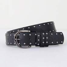Thắt lưng nữ khóa kim loại đinh tán hai hàng, màu trơn phong cách punk da PU đính đinh trang trí, phụ kiện phù hợp đi học, dùng cho mọi mùa, quà tặng cho nữ - A - Xem 8