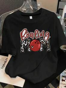 Camisa de mujer de manga corta y cuello redondo con estampado de bola de bolos, apta para todas las estaciones. - Negro - Ver 1