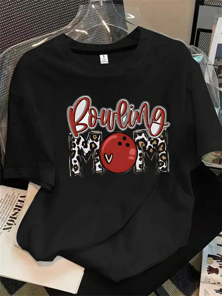 Camisa de mujer de manga corta y cuello redondo con estampado de bola de bolos, apta para todas las estaciones. - Negro - Ver 1