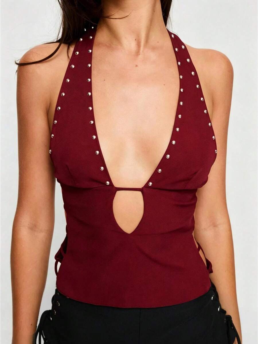 Womens Rivets Studded Halter Neck Plunge Cami Top Self-Tie Spaghetti Straps V-Neck Cut Out Front Crop Tank Top Camisole Vest Y2K Streetwear Party Tops - F217030-紅色 - 查看 1