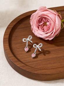 1 Pair S925 Silver Pink Bow Pendant Earrings, Sparkling Zirconia Inlaid, 18K Gold Plated, Elegant Jewelry Set, Suitable For Women's Daily Casual, Party, Travel, Comes With Exquisite Gift Box, Suitable For All Seasons - Silver - View 6