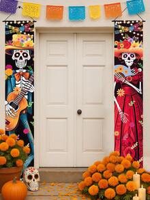 2pcs Mexican Day Of The Dead Door Curtain, Sugar Skull And Floral Pattern Door Curtain Backdrop, Vintage Style Skull And Marigold Decoration, Day Of The Dead Door Decor, Halloween Party Supplies, Suitable For Living Room Bedroom, Halloween, Day Of The Dead, Decorative Panel, Entrance Decor, Holiday Decor, Halloween Decoration - Day Of the Dead Skeletons - View 8