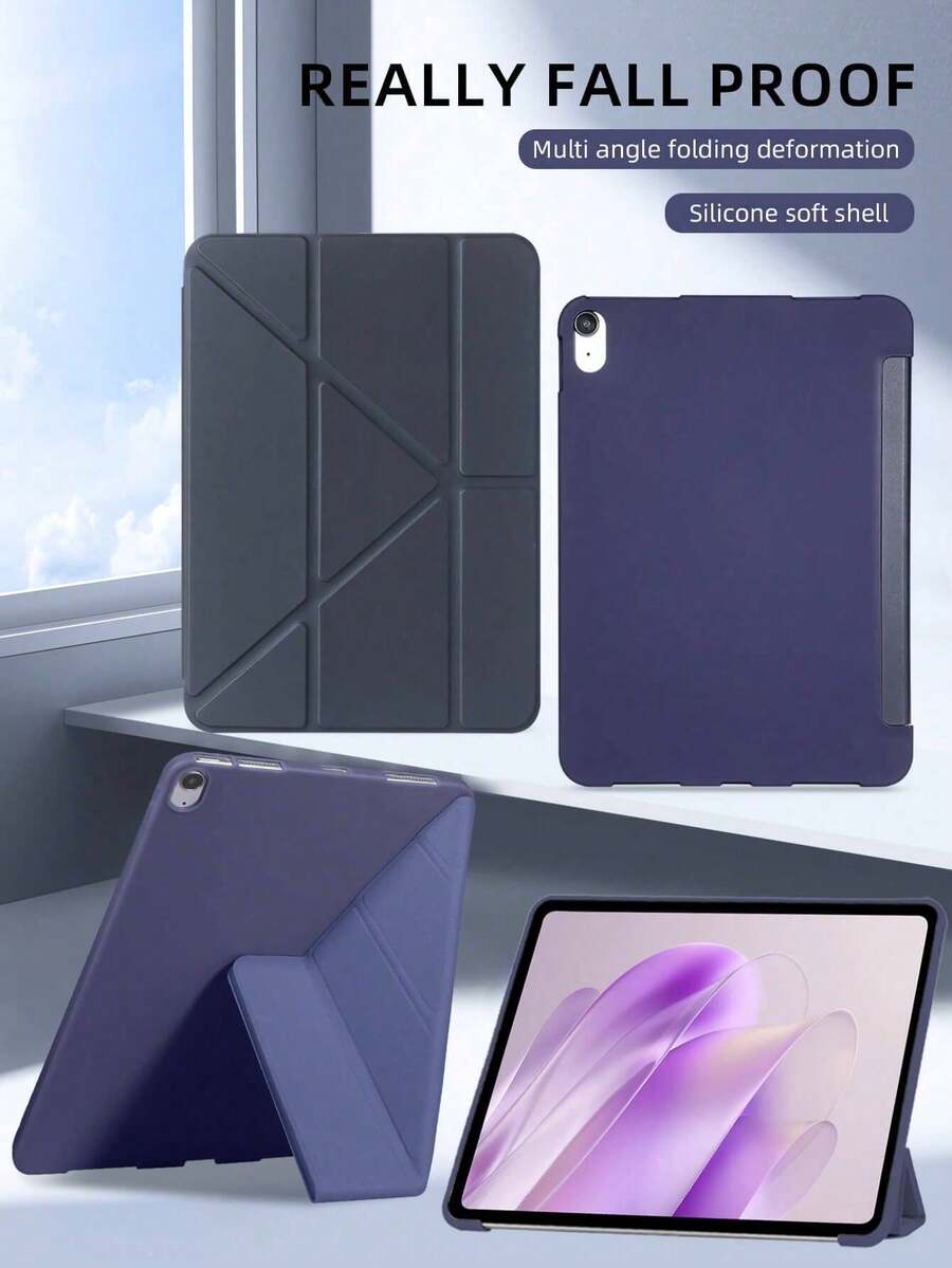 1個深藍色矽膠Y型摺疊平板保護殼，適用於iPad Mini 1/2/3/Mini 4/Mini 5/Mini 6/Mini 7/Air/Air 2/9.7/10.2/10.5/Air 4/Air 5/10.9/Pro 11"/10代/Air 11-In.(M2)-2024/Pro 11-In.(M4)-2024/Air 11-Inch (M3) 2025/(A16) 11 Inch 11代 2025/Air 8(M4)2026(11-Inch)機型，不含筆，Y型摺疊可調式多角度支架，PU皮革+TPU全覆蓋防震耐磨，蜂巢散熱，磁吸休眠/喚醒，極簡輕量，可摺疊平板保護殼Y型平板保護殼無筆槽