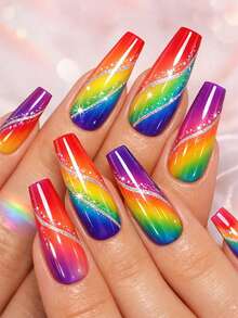 Rainbow Color Medium Square Press-On Nails, Colorful Striped Design, Summer Glossy Acrylic Fake Nails, Cute Full Coverage Nail Tips, Suitable For Women, 24pcs/Box - 彩色 - 查看 1