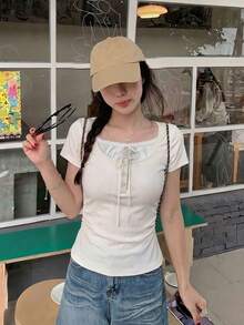 蝴蝶結 2 合 1 短袖上衣 韓系修身收腰 極簡甜美性感風 女款夏季休閒 T-shirt - 杏色 - 查看 5