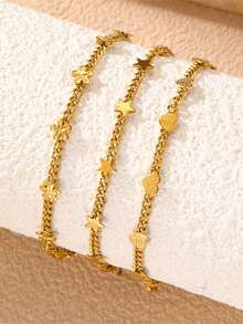 Gelang Stainless Steel Motif Bunga dan Hati Bergaya Bintang untuk Wanita - Aksesori Tangan yang Sederhana dan Serbaguna - Emas - View 2