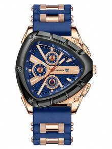 1pc Men's Silicone Triangular Quartz Watch, Sports Triple-Eye Digital Scale Large Dial Wristwatch, Gift For Boyfriend (1pc/Set) Watch Box Not Included - Blue - View 5